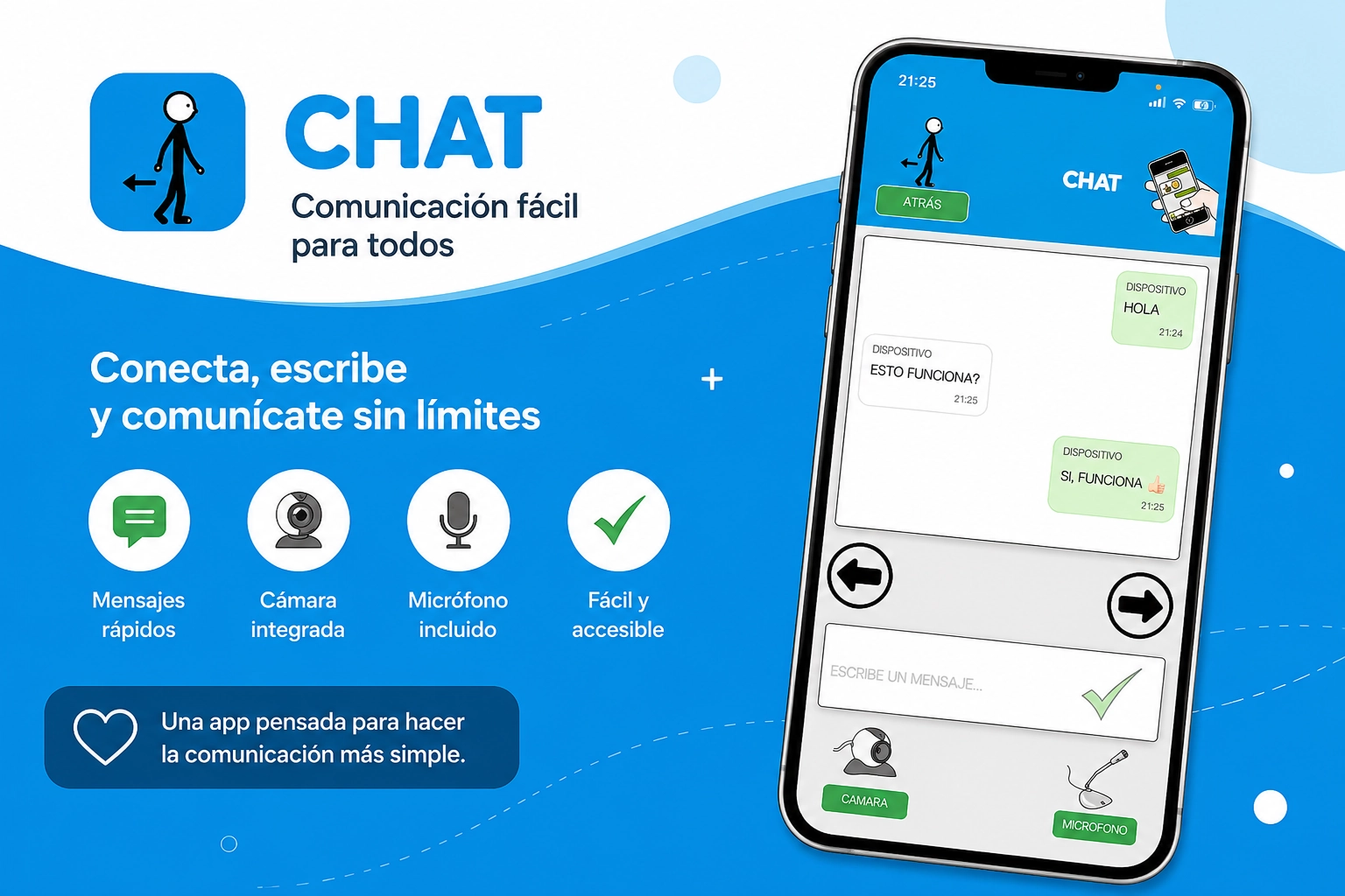 Captura de pantalla de la aplicación Apprendo que muestra el funcionamiento del chat adaptado, con botones grandes.